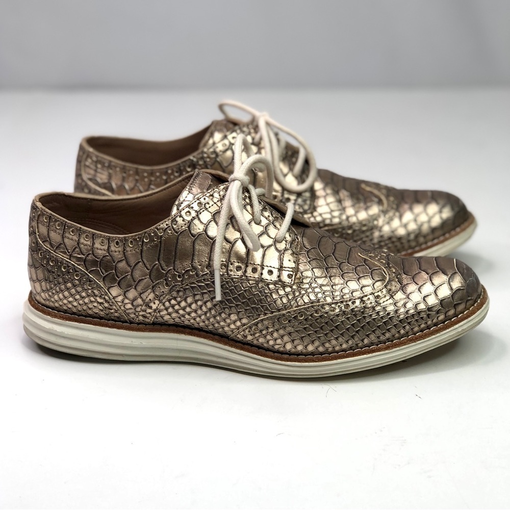 Cole Haan Lunargrand wingtip shoes metallic gold faux crocodile lace up size 7